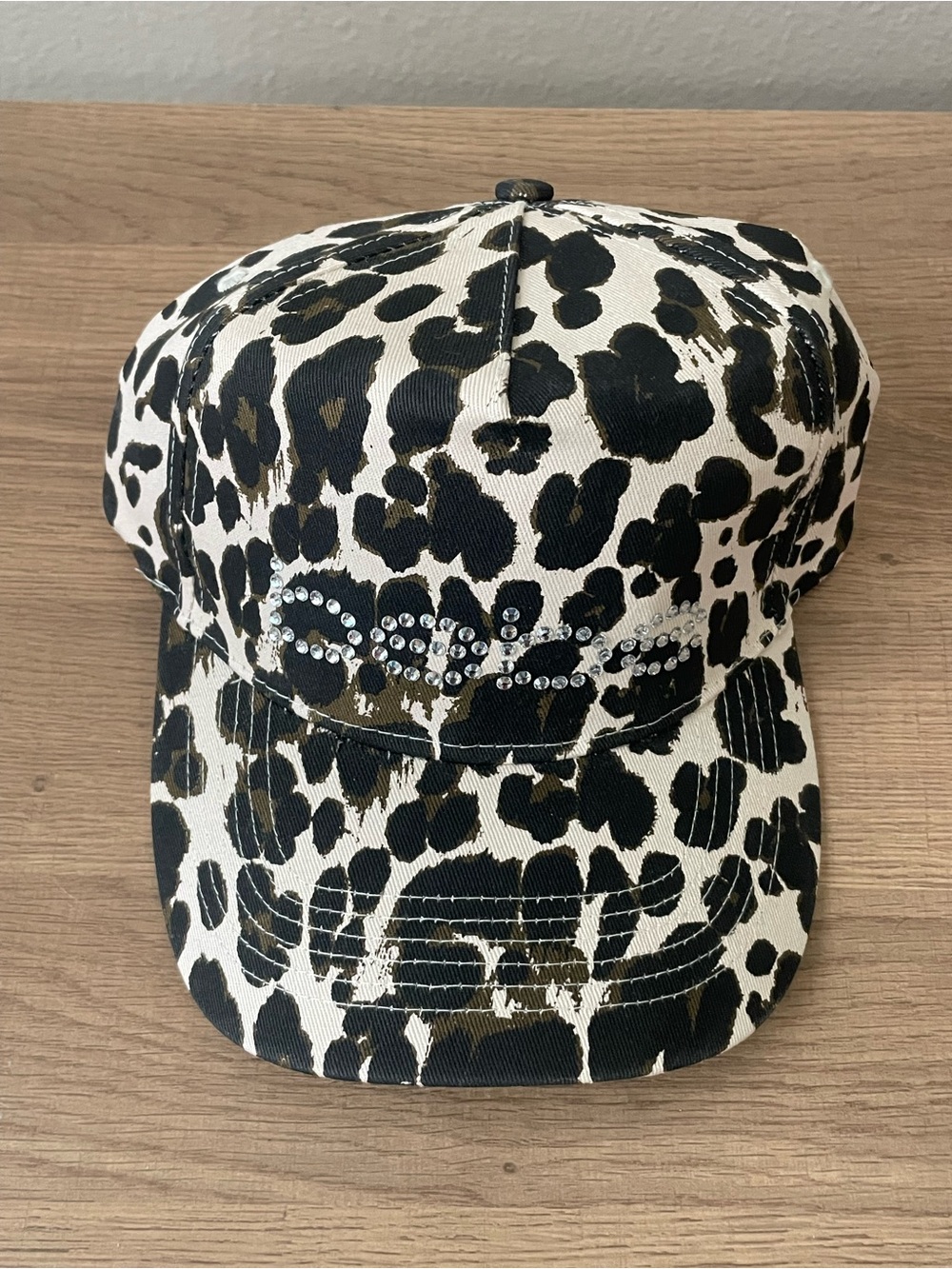 Bebe Leopard Print Rhinestone Accent Baseball Cap